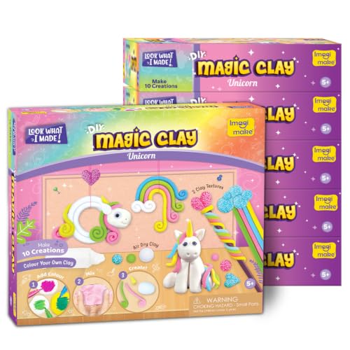 Image of Imagimake Magic Clay Unicorn | DIY Return Gift - Pack of 6 | Age 5+ Years | Colour your own air-dry clay with Magic Clay pens; make 10 creations-Rainbow, Heart, Unicorn & more; mess-free