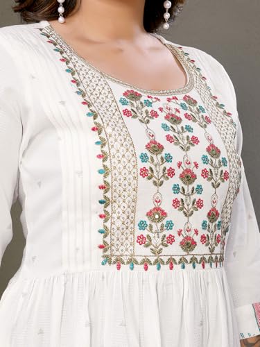 Image of rangita Women Rayon Regular Fit Calf Length Embroidered Tiered Flared Kurti | Kurta