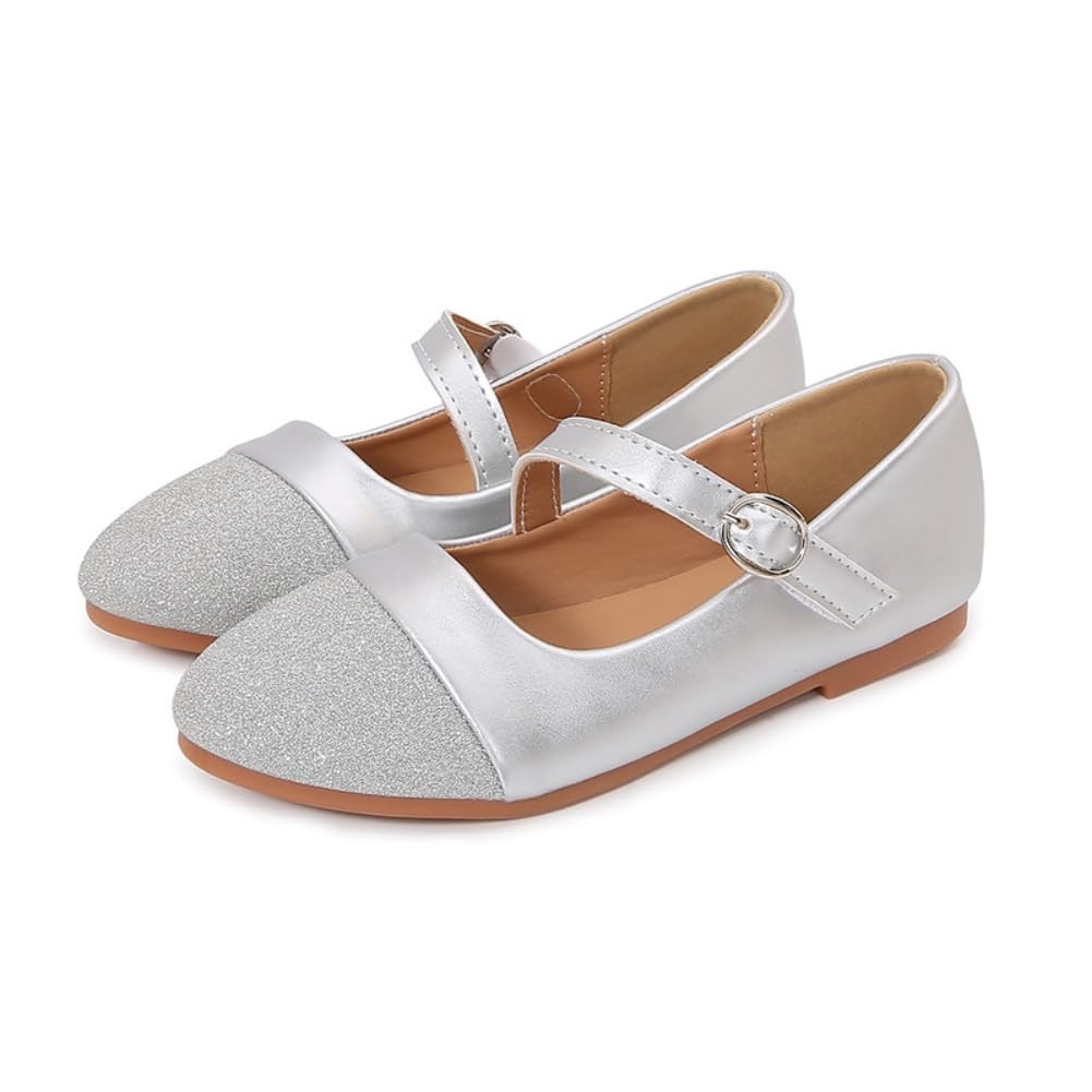 JGKDTX Girls Pointed Toe Mary Jane Ballet Flats Wedding Party Formal School Dress Shoes for Toddler/Little Kids (Silvery, Little Kid, 3, Numeric, US Footwear Size System, Medium)