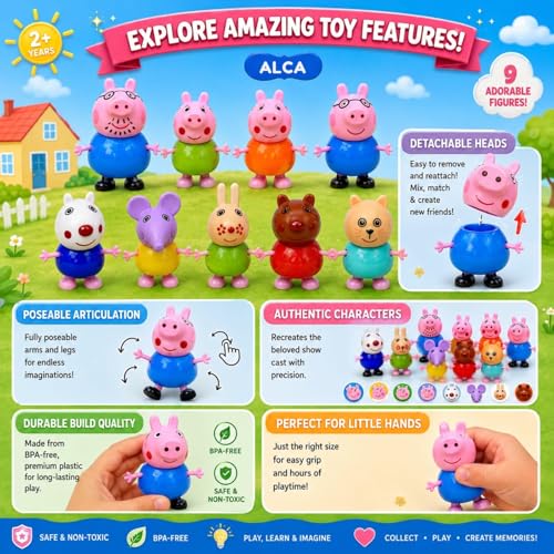 Image of ALCA Peppa Pig Figure Family Set of 9 Pieces | Pretend Play Toy Set with Peppa, George, Mummy Pig, Daddy Pig & Friends | Poseable Family & Friends Action Figures for Kids, Boys & Girls |