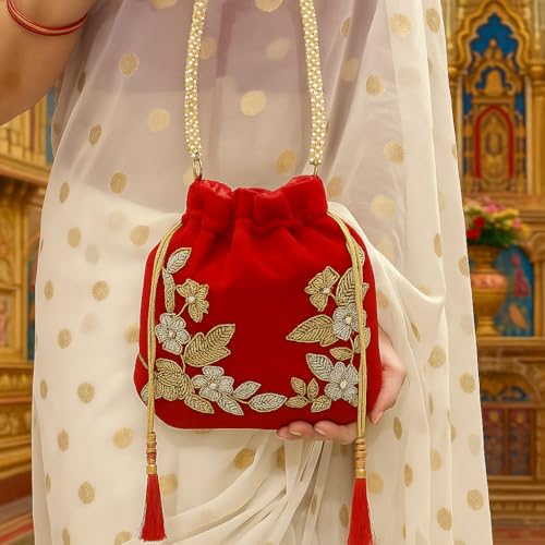 Image of Velvet Potli Bag with Golden & Silver Beaded Flower Embroidery - Handcrafted Ethnic Drawstring Bag for Weddings, Parties & Festive Gifts - Beaded Handle & Tassels for Women