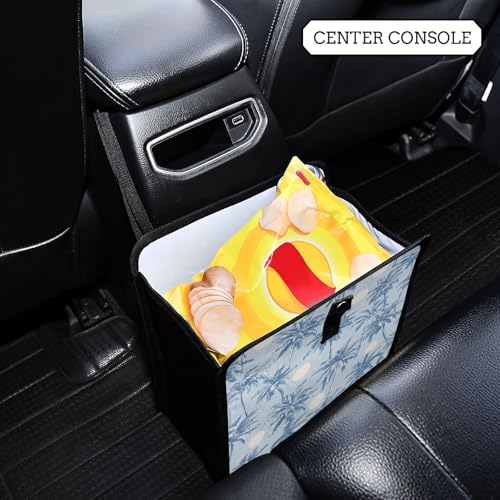 Image of Car Trash Can Organizer Bin with Adjustable Strap for Back Front Seat Console Waterproof Leakproof Collapsible Portable 11 Inch Light Blue Palm Trees and Sun