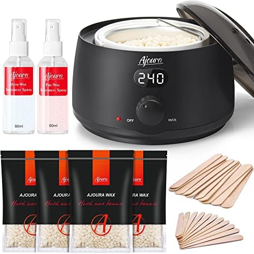 Home Waxing Kit, Ajoura Digital Wax Warmer Kit for Brazilian Bikini Coarse Hair Removal with 14oz Hard Wax Beads for Eyebrow, Legs, Armpit, Face, Pre & After Wax Spray (Black)