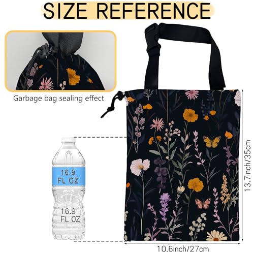 Image of Colorful Meadow Herbs Car Garbage Bag,Flying Butterfly Small Car Trash Bag Hanging,Drawstring Car Garbage Bag with Adjustable Buckle for Car Back Seat,SUVs,Camping,Road Trips
