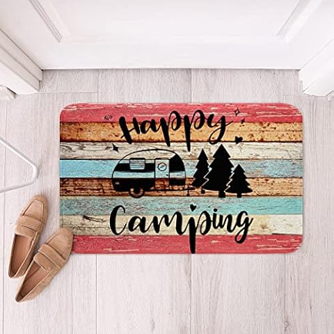 Non-Skid,Happy Camping Bath Rugs,Old Barn Door Pattern,Soft Absorbent Shaggy Plush Bathroom Rug,Fleece Carpet Mats for Shower,Decorative Doormat,Red Blue,16Wx24L Inches Cover