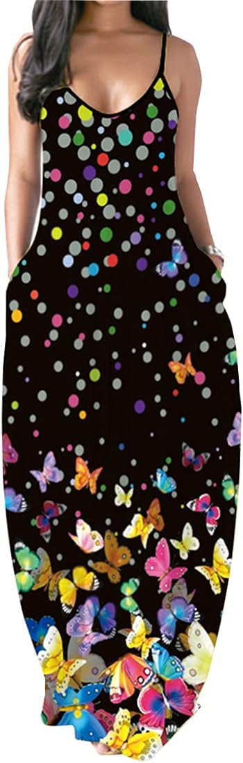 Chaos World Womens Maxi Dress V Neck Strappy 3D Print Loose Summer Casual Dress