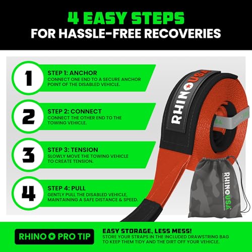 Image of Rhino USA Recovery Tow Strap (4 inch x 30') - 40,320lb Break Strength - Emergency Recovery Strap Tow Rope for Diesel Trucks, Backhoe, Excavators & More - Heavy Duty Towing Strap for Offroad 4x4 Use (Red)