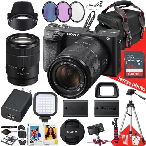 Sony a6400 Mirrorless Camera with Sony E 18-135mm f/3.5-5.6 OSS Lens + 64 GB Memory + Spider Tripod + Camera Case + Tripod + LED Light + Extra Battery + More (28pc Bundle) (Renewed)