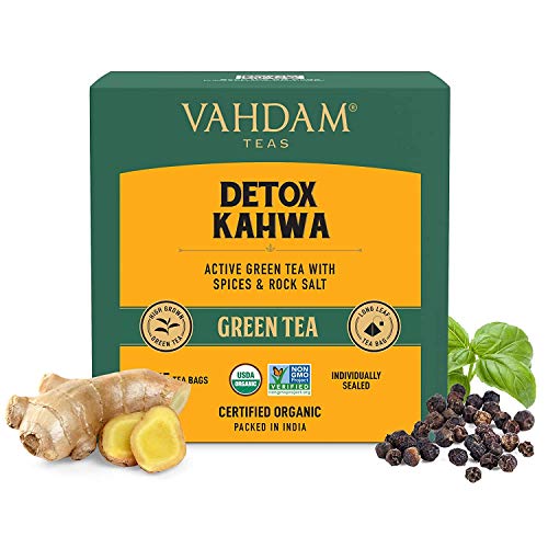 Image of VAHDAM Organic Amla Ginger Tea - 15 Green Tea Bags & VAHDAM, Organic Detox Kahwa Green Tea- 15 TBS
