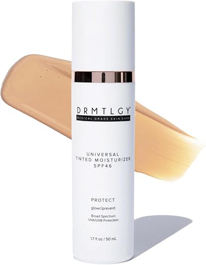 DRMTLGY Tinted Moisturizer with SPF 46. Universal Tint. All-In-One Face Sunscreen and Foundation with Broad Spectrum Protection Against UVA and UVB Rays. 1.7 oz