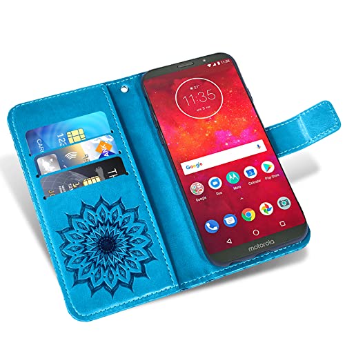 Phone Case for Motorola Moto Z3 / Z3 Play Wallet Cases with Tempered Glass Screen Protector Leather Magnetic Flip Cover Card Holder Stand Cell Accessories MotoZ3 Z 3case 3 3Z Z3play Women Men Blue