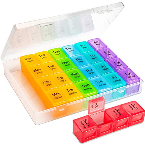 Extra Large Weekly Pill Organizer 4 Times a Day, Pill Box 7 Day, Pill Boxes and Organizer,Daily Pill Dispenser 4X a Day, Big Compartments Pill Case, 28 Cell Medicine Organizer for Vitamins Supplement