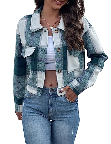 Oulivey Chaqueta corta de franela a cuadros para mujer, camisa de manga larga con botones, Verde, XL