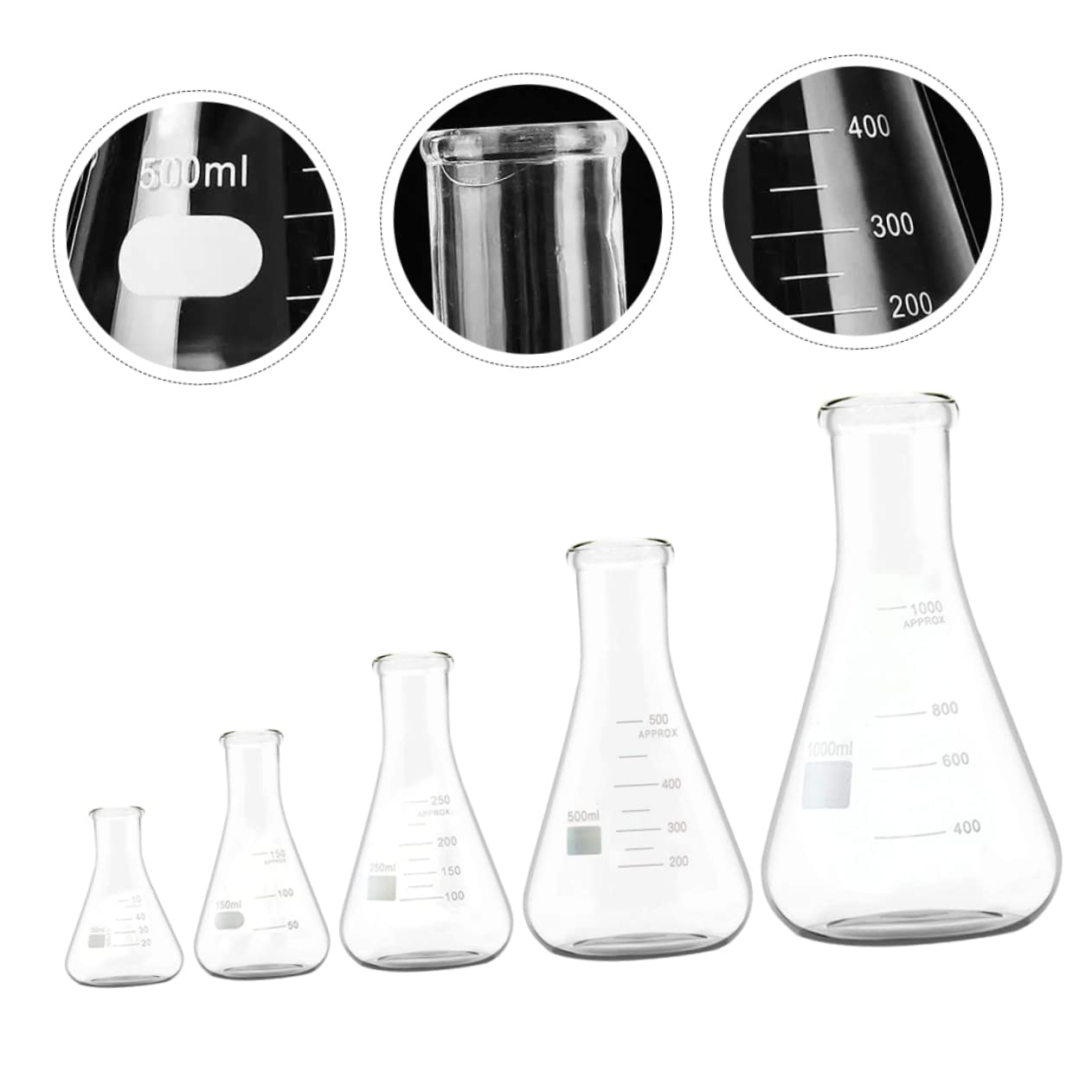 Anneome Matraz Cónico de Vidrio de Borosilicato 5 Piezas para Laboratorio | Boca Estrecha, Fondo Plano y Graduaciones Estándar, 50ml a 1000ml, Uso en Educación