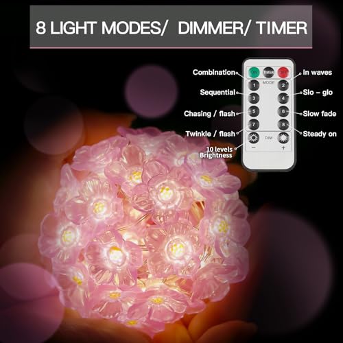 Suddus Fairy Lights With Cherry Blossom, 12.8 Ft 40 Led Flower String Lights Battery Operated With Remote, Pink Fairy Lights For Bedroom, Valentines Day, Holiday, Partry, Indoor thumb #4