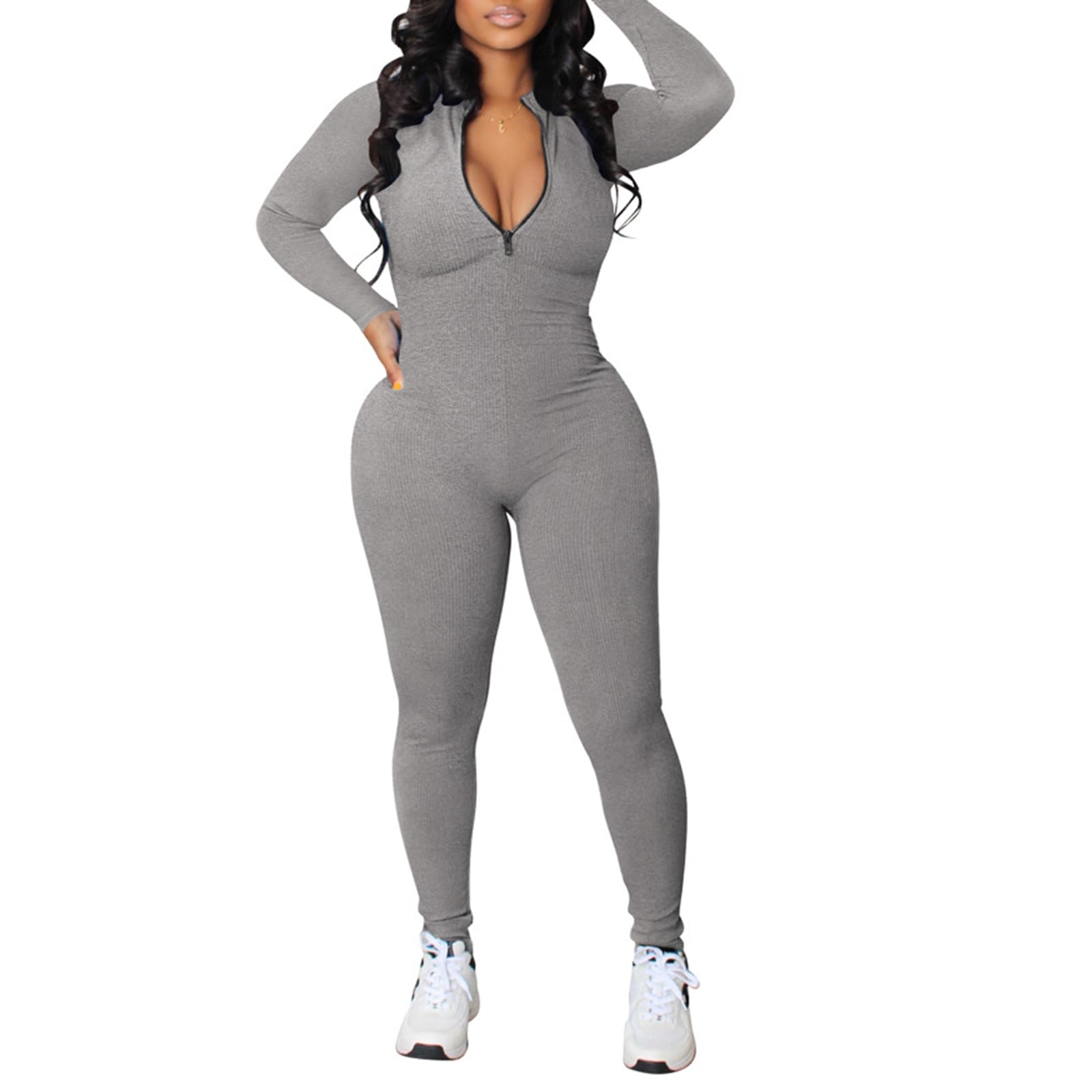 CFWSHJ Jednoczęściowe kombinezony dla kobiet z długim rękawem seksowne zapinane na zamek prążkowane Bodycon Casual spodnie Unitard pajacyki stroje Clubwear