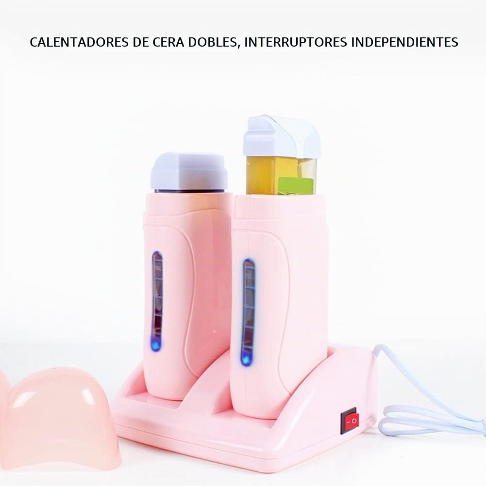 Roll-on Calentador de Cera Profesional, Calentador de Cera Depilatorio Doble, Máquina de Cera Depilatoria con Base de Calentador, para la Cara Axilas Piernas Bikini(Rosa)