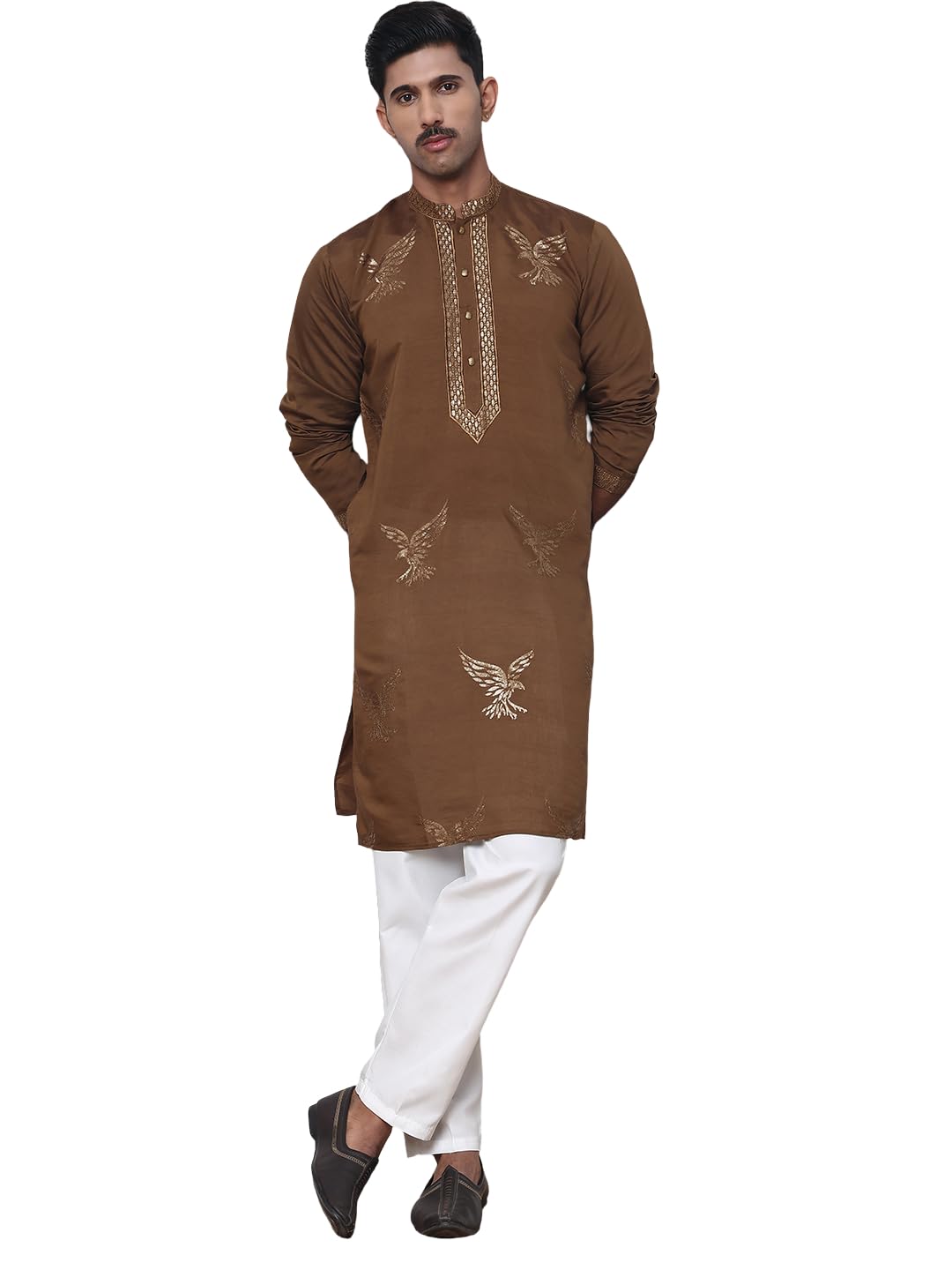 Silk Blend Kurta Pyjama Set with Golden Eagle Embroidery (Brown, XXL)-image-32