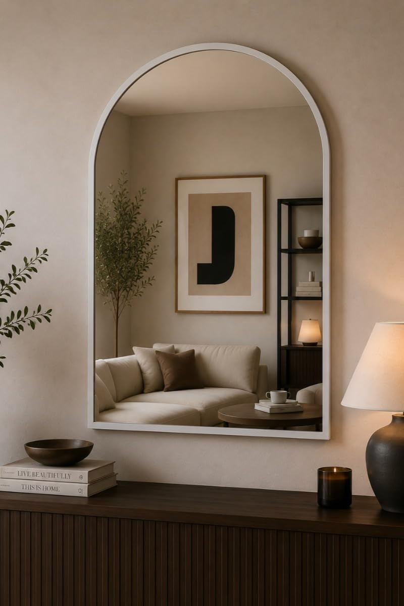 MirrorOutlet The Arcus - White Metal Framed Modern Arched Wall Mirror 39" X 27" (100CM X 70CM) Black. 2cm Wide Frame and 3cm Deep.