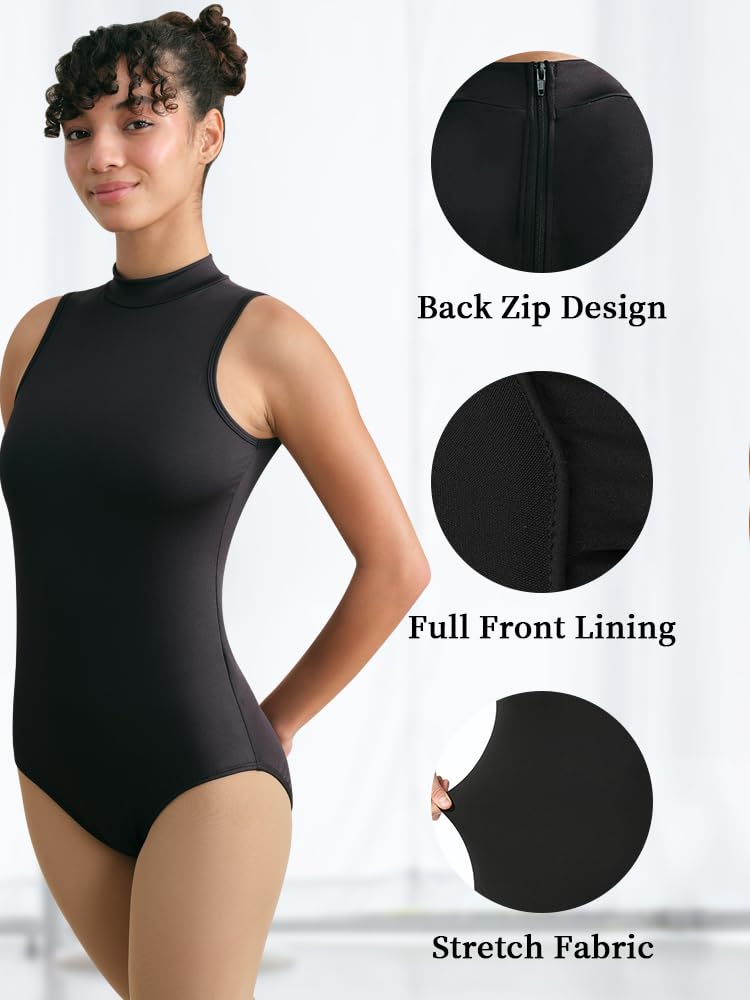 Justaucorps à col roulé pour femme - Pour danse et ballet - Fermeture éclair dans le dos - Doublure intégrale sur le devant
