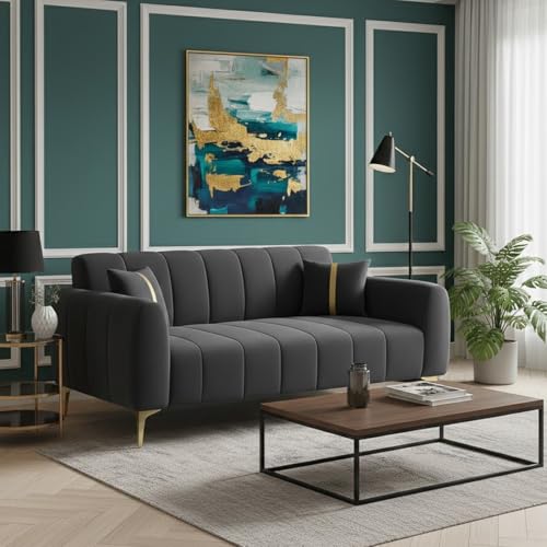 Image of Furny Harmon 2 Seater Fabric Sofa Set (Dark Grey) | Soft Velvet Fabric | Modern Design | Comfortable Seating | Living Room Furniture