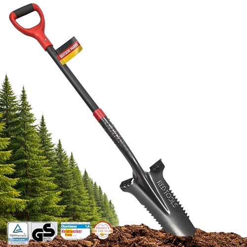 Red Tools Gartenspaten Spaten mit Wurzelsäge 115 cm Wurzelspaten Spitzspaten 50Mn Stahl 3 mm für Harte Böden mit Trittkante Softgriff