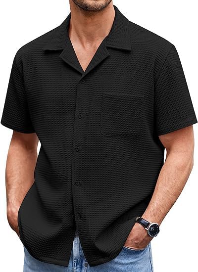 Image of Casual Waffle Knit Shirt for Men Stylish Half Sleeve Mens Shirts M to 3XL