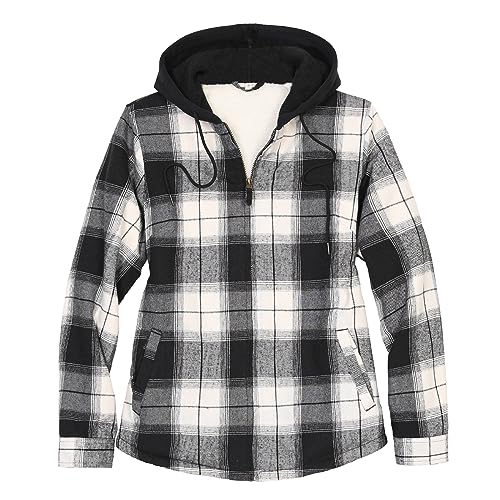 ThCreasa Womens Full Sherpa Lined Plaid Flannel Hooded Jacket with Hand Pockets, Zip Up Fuzzy Hoodie Flannel Shacket