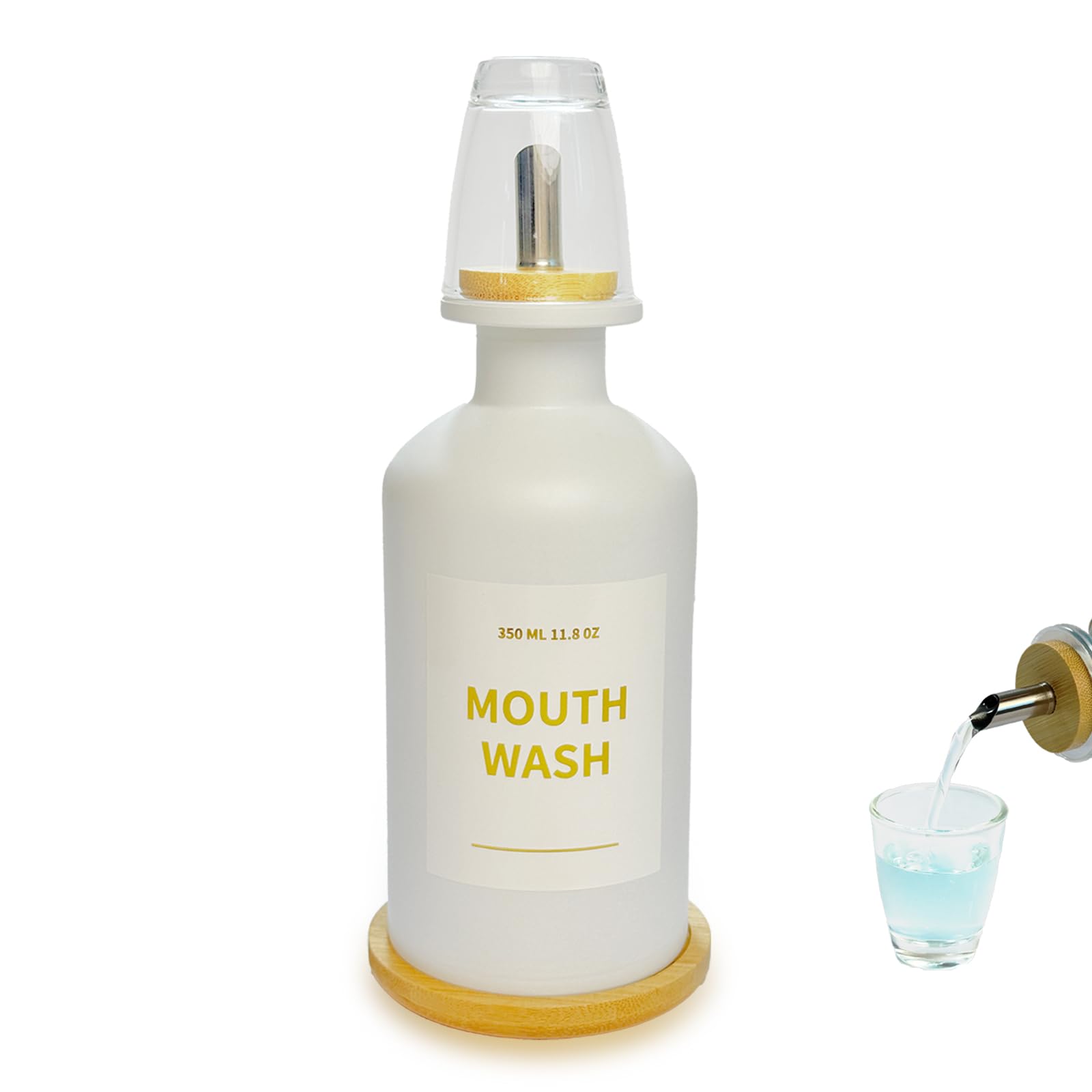 Hniuyun 11.8 oz Glass Mouthwash Dispenser for Bathroom with Bamboo Tray & Steel Nozzle - Reusable Cup, Gold Accents, Countertop Decor