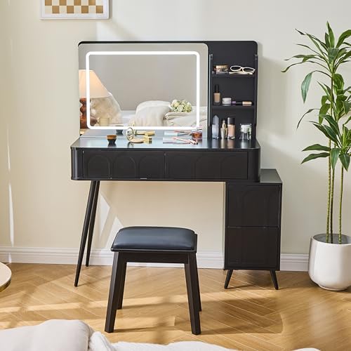 Image of JIVOIT Modern Makeup Vanity Desk with Mirror, Dressing Table Set with Stool, Unique Fluted Waveform Panels, Space-Saving Vanity Set with 4 Drawer, Strong Metal Legs, Easy Assembly (Black / /3)