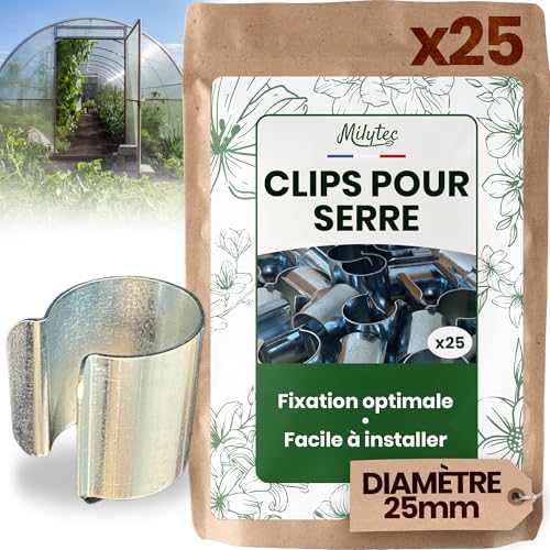 Lot de 25 Clips pour Serre Diamètre 25mm en Acier galvanisé, Clips de Fixation en Métal pour Bâche de Serre Tunnel pour Jardin, Protection semis et...
