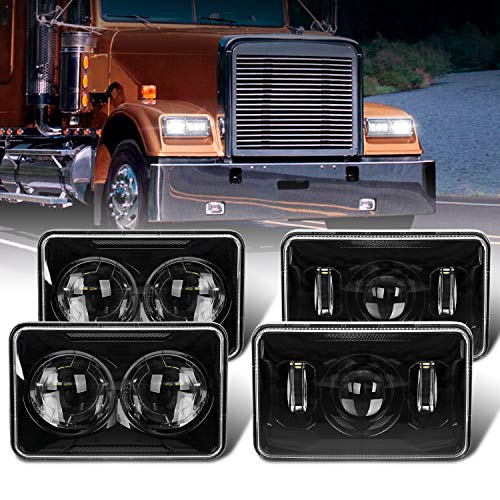 Image of 4PCS DOT Approved 60w Rectangular 4x6 inch LED Headlights H4651 H4652 H4656 H4666 H6545 Headlamps Compatible with Freightliner Peterbilt Kenworth Trucks (Black, 4X6 Inch)