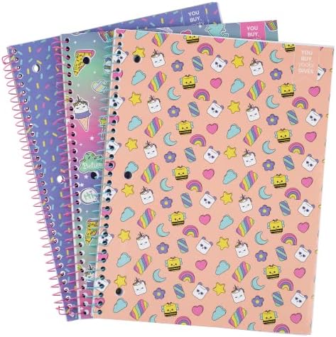 Yoobi Wide Ruled Spiral Notebook Set — 3-Pack of 1 Subject Notebooks, Sprinkles, Sweet Dreams & Marshmallow Prints — 100 Perforated 3-Hole Punched Sheets, For School, Office & Home — 10.5” x 8”