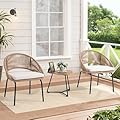 Yangming Patio Furniture Set, 3 Piece Outdoor Bistro Chair Conversation Sets Woven Rope with Wood Coffee Table for Yard Backyard Lawn Garden Porch Backyard Deck Poolside Balcony