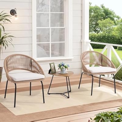 Yangming Patio Furniture Set, 3 Piece Outdoor Bistro Chair Conversation Sets Woven Rope with Wood Coffee Table for Yard Backyard Lawn Garden Porch Backyard Deck Poolside Balcony