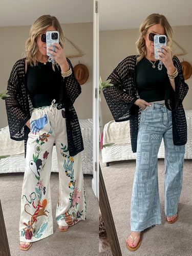 Image of Angashion Women's Crochet Cardigan Sweaters Lightweight Knitted Long Batwing Sleeve Hollow Out Tie Front Boho Beach Cover Up
