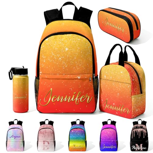 Image of Personalized Kids Backpacks for Girl Boy Custom Backpacks Back to School | Kid Customized Toddler Backpack for Girls Boys with Lunch Bag Book Bag Kindergarten Prek Preschool Gifts Glitter Orange