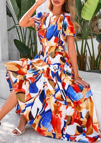 Image of PRETTYGARDEN Women's Summer Boho Floral Maxi Dresses | Bohemian Flower,Short Sleeve V Neck,Elastic Waist,A Line Tiered,Flowy Long,Pockets,Wedding Guest Party,Beach Vacation Outfits