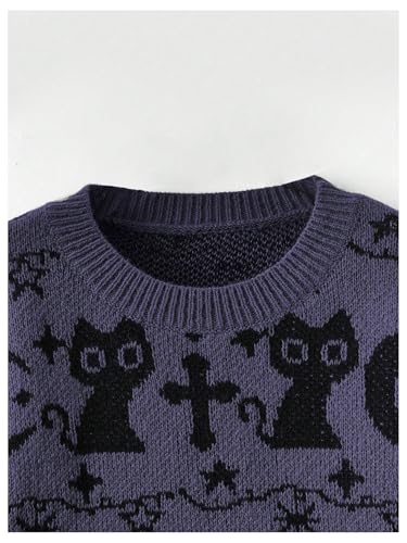 Image of WDIRARA Women's Goth Cartoon Pattern Sweater Long Sleeve Crewneck Knit Pullover Top