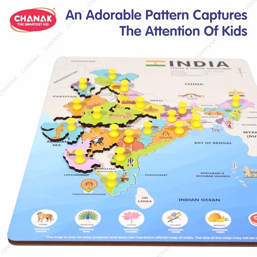Image of Chanak Wooden India Map Puzzle with Picture & States Name Educational Board for Kids, 18 Piece States Map Montessori Learning Puzzle for Toddlers & Preschoolers, Nursery & Kindergarten 2+ Years