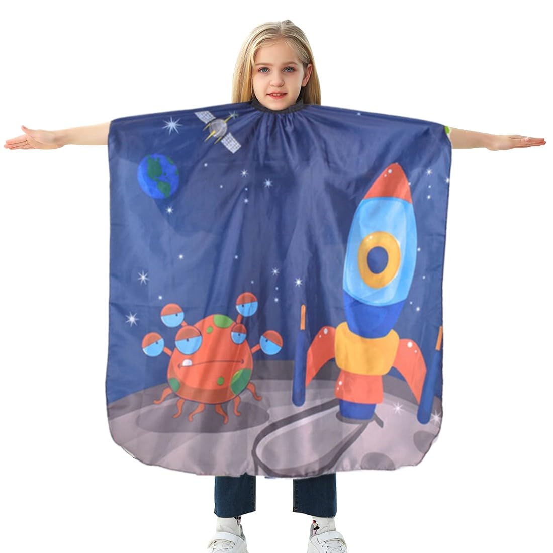 ZKGYUS Capas de Peluquería para Niños, Impermeable Capa de Corte Peluqueria, Capa de Cortar Cabello Delantal con Patrón de Cohetes, Profesional Capas de Corte de Pelo para Niños Peluquería