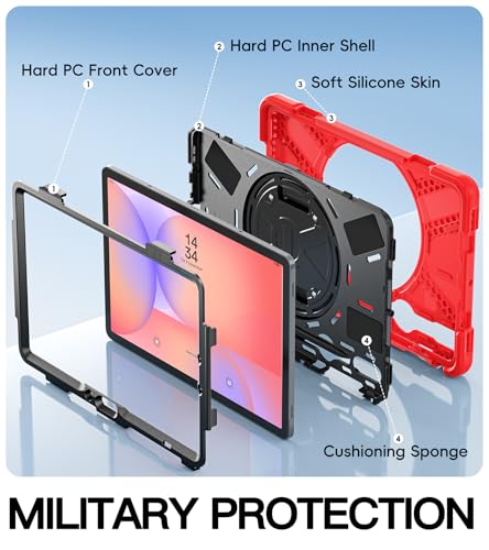 Image of BRAECN Case for Samsung Galaxy Tab S10 Lite / S10 FE / S9 FE 5G / S9 / S8 / S7 | 10.9 /11 inch Shockproof Heavy Duty Full Body Protective Cover with Hand Strap & Kickstand, Shoulder Strap, S Pen Holder Red