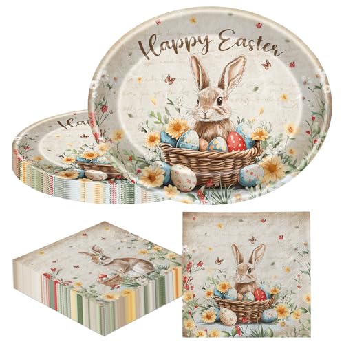 HAKOTI Easter Party Supplies - 100Pcs Vintage Easter Bunny Oval Plates and Napkin Spring Easter Bunny Egg Flower Theme Decoration for Easter Holiday,Birthday Party Decor
