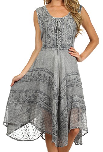 Image of Sakkas Sundara Stonewashed Rayon Embroidered Mid Length Dress