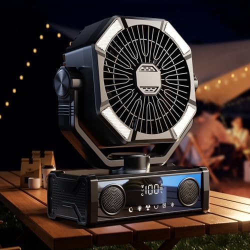 Ventilador portátil recargable con altavoz Bluetooth 5.3, ventilador de camping de 25000 mAh con control táctil de 5 velocidades y luz LED de 3 modos, control remoto, puertos USB/tipo C, temporizador