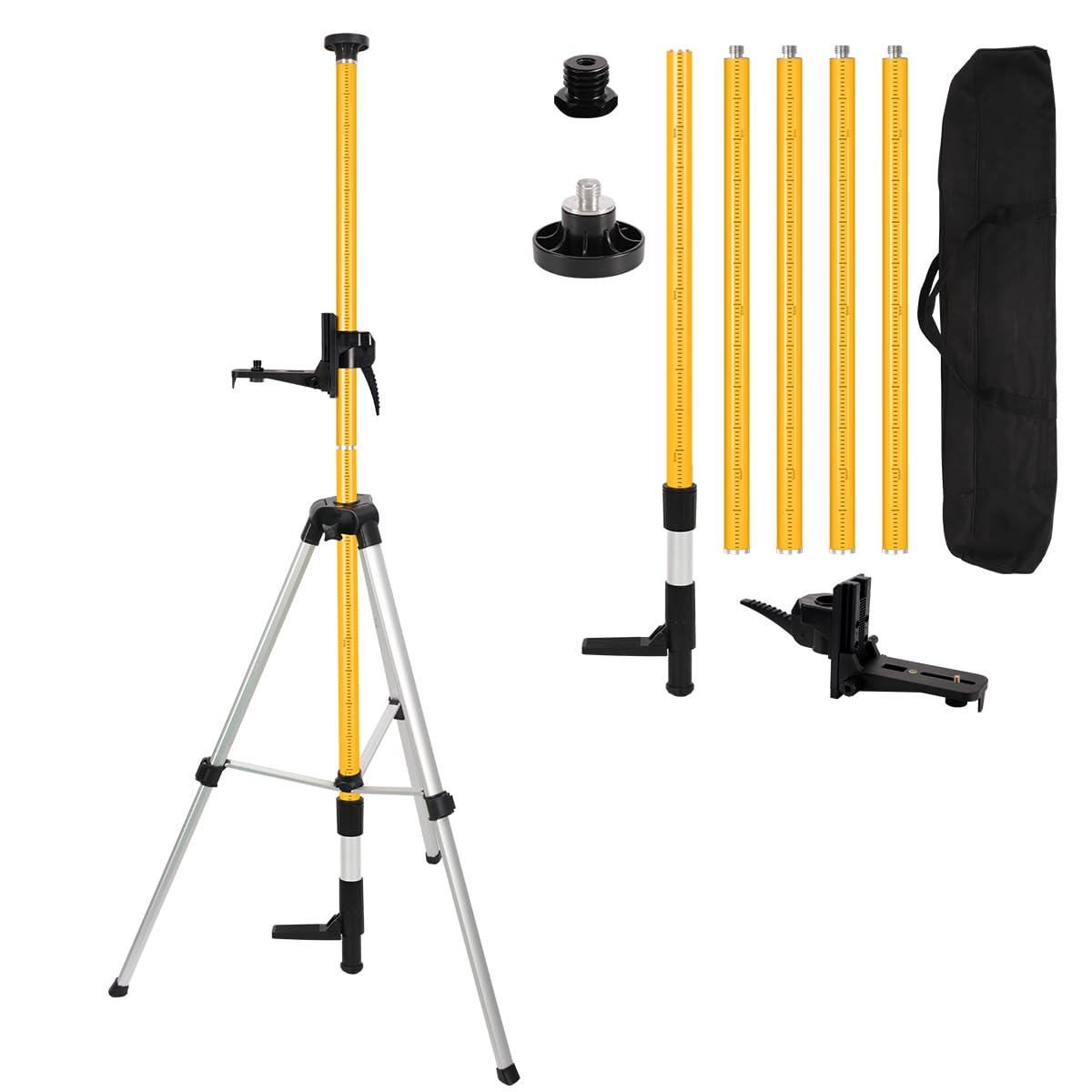 12Ft/3.7M Professional Telescoping Laser Level Pole with Tripod & Laser Mount - 1/4"-20 & 5/8"-11 Adapters, Adjustable Laser Pole Mount for Rotary/Line Lasers