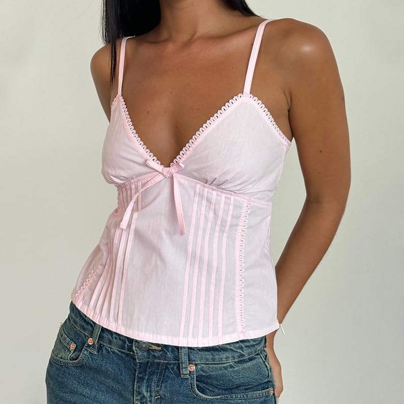 Women Y2k Babydoll Tank Tops Lace Trim V Neck Crop Cami Spaghetti Strap Peplum Top Summer Cute Aesthetic Flowy Shirts - Image 2