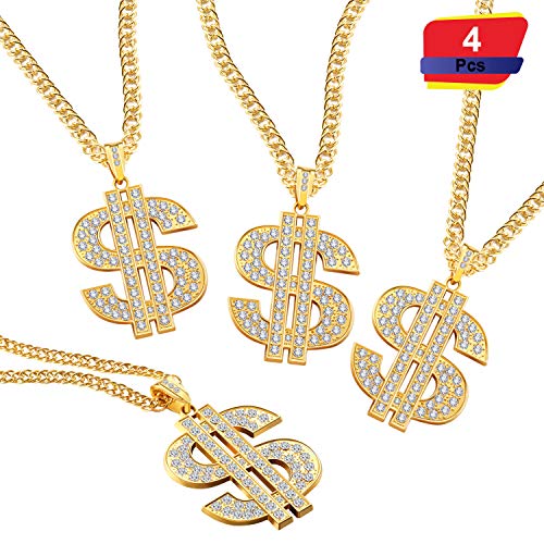 4 Pieces Gold Plated Chain Dollar Necklace for Men with Dollar Sign Pendant Necklace, Hip Hop Dollar Necklace (4 Pieces)