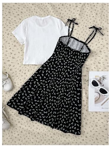SHENHE Girl's Floral Tie Shoulder Dress Flowy Boho Short Sundress with Short Sleeve Knit Tee2
