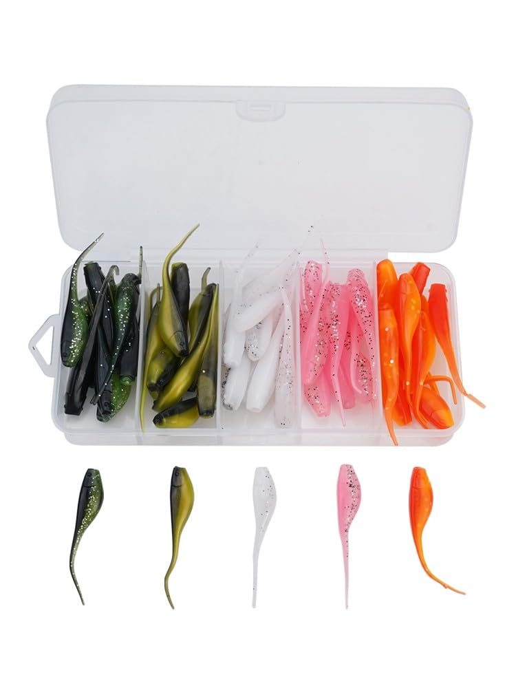 50pcs 0.7g 5cm Shad Crappie Baits Artificial Soft Lures for Fishing, Plastic Crankbaits with Dual Color Flash, Compatible with Carp and Freshwater Fish
